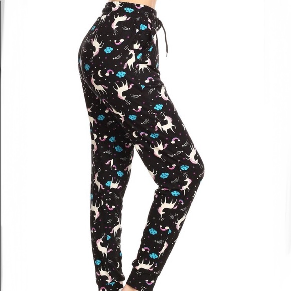 New! Unicorn Print/Black Super Soft Joggers - Picture 2 of 10